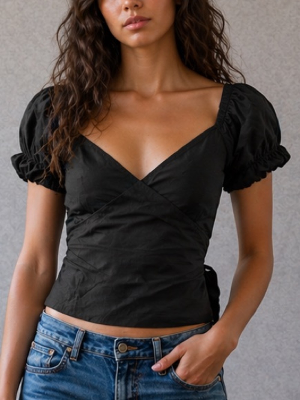 Vintage Whimsygoth “Tampa”Black Puff Sleeve Tie Back Top